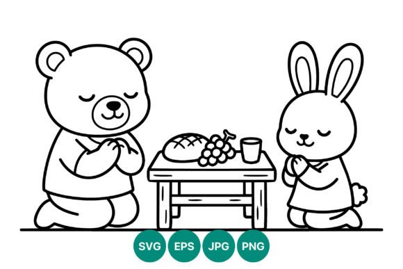Bear and Rabbit Praying Vector Line Art