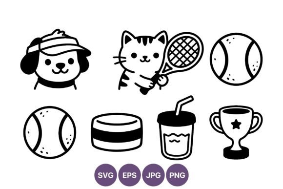 Cat Holding Tennis Racket and Dog with