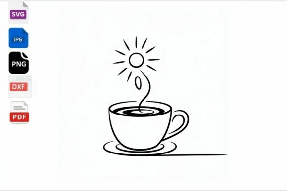 Coffee Cup Sun Flower Line Art SVG