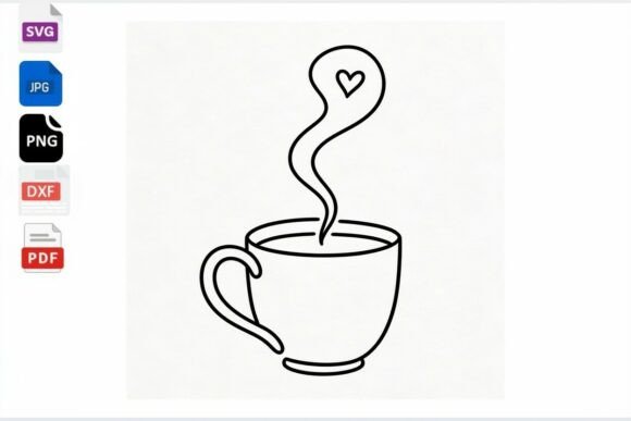 Coffee Cup with Heart Steam Line Art SVG