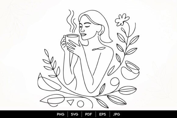 Cozy Coffee Woman Line Art SVG