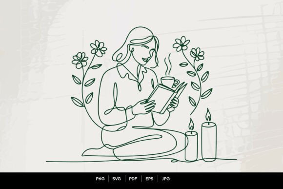 Cozy Reading and Coffee Line Art Vector