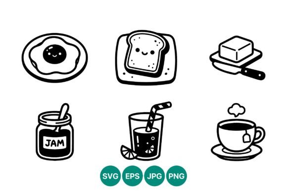 Cute Black White Breakfast Icons