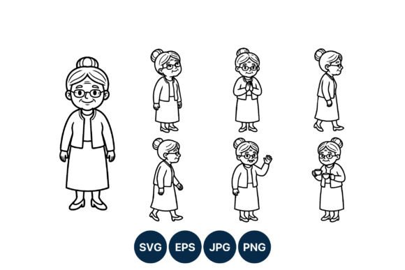 Elderly Woman Line Art Cartoon Set