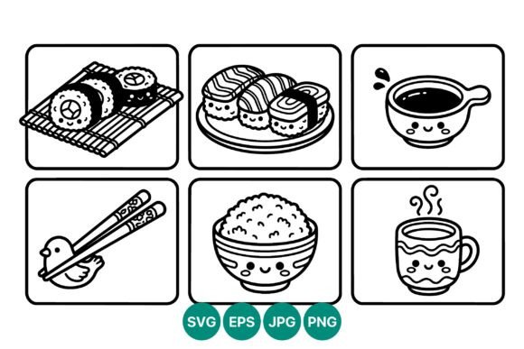 Kawaii Sushi Rice and Tea Line Art