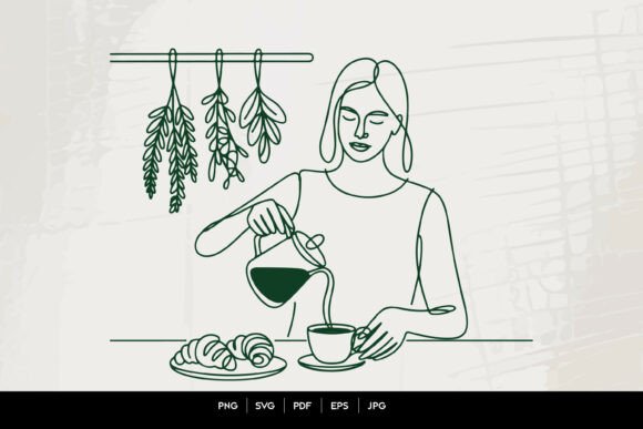 Woman Pouring Coffee Line Art