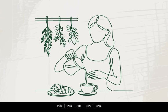 Woman Pouring Tea Line Art